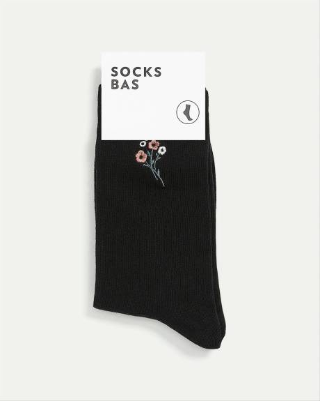 Cotton Crew Socks with Flowers