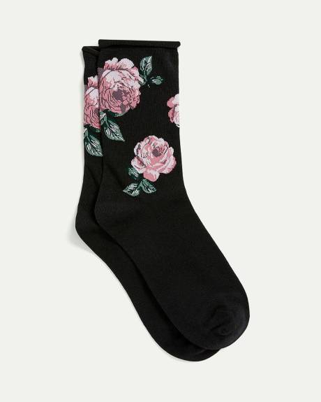 Cotton Crew Socks with Roses