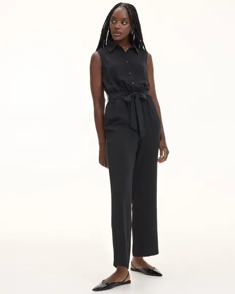 Straight-Leg Sleeveless Jumpsuit with Shirt Collar