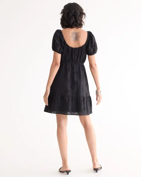 Short-Puffy-Sleeve Eyelet Dress with Scoop Neckline