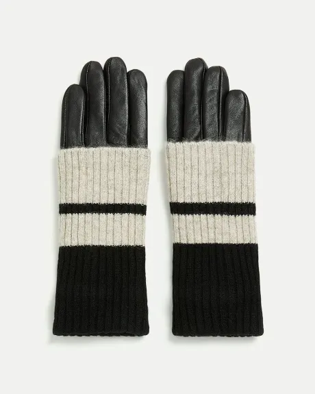 Leather Gloves with Striped Knit Fold-Over