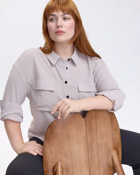 Long-Sleeve Shirt-Collar Blouse with Utility Pockets