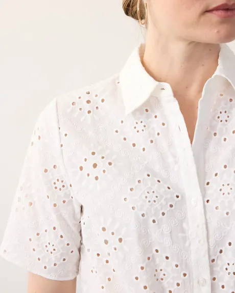 Short-Sleeve Eyelet Blouse with Shirt Collar