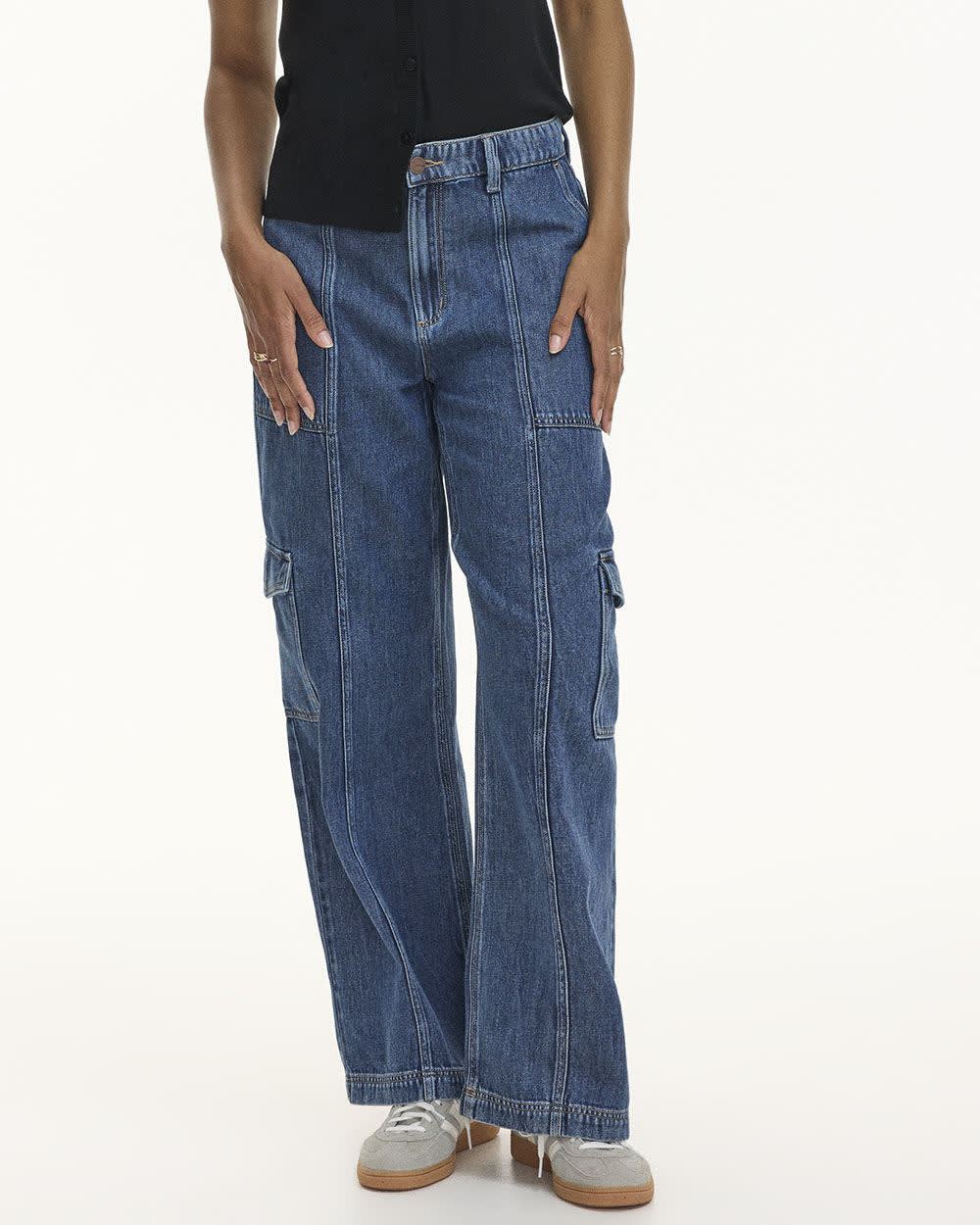 Pantalon cargo en denim à jambe large et taille haute - Petite