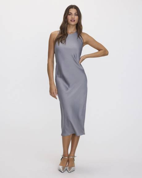 Satin Sleeveless Crew-Neck Midi Dress