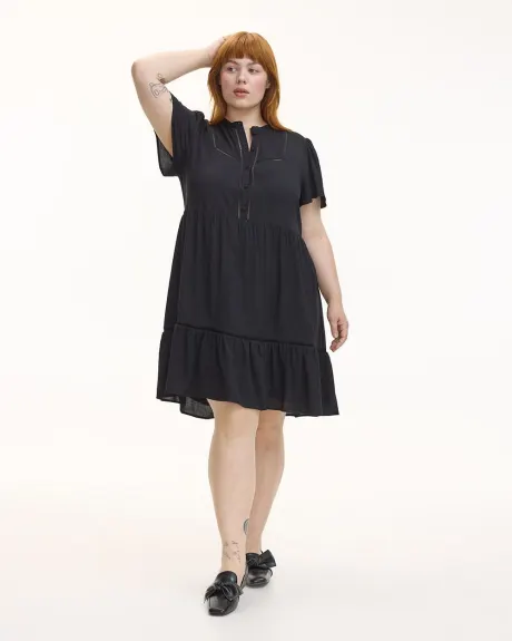 Short-Sleeve Crew-Neck Swing Dress with Fagoted Details