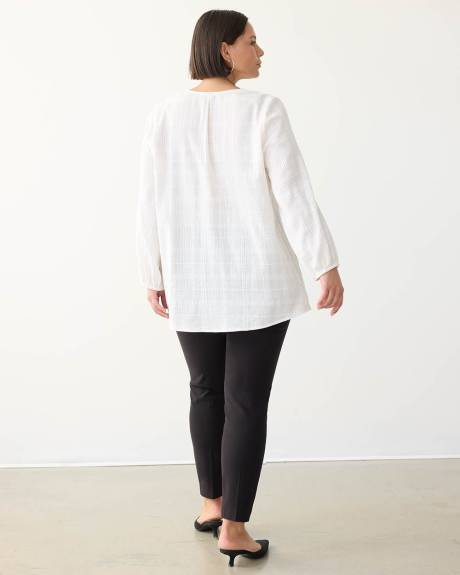 Long-Sleeve Textured Blouse with Split Neckline