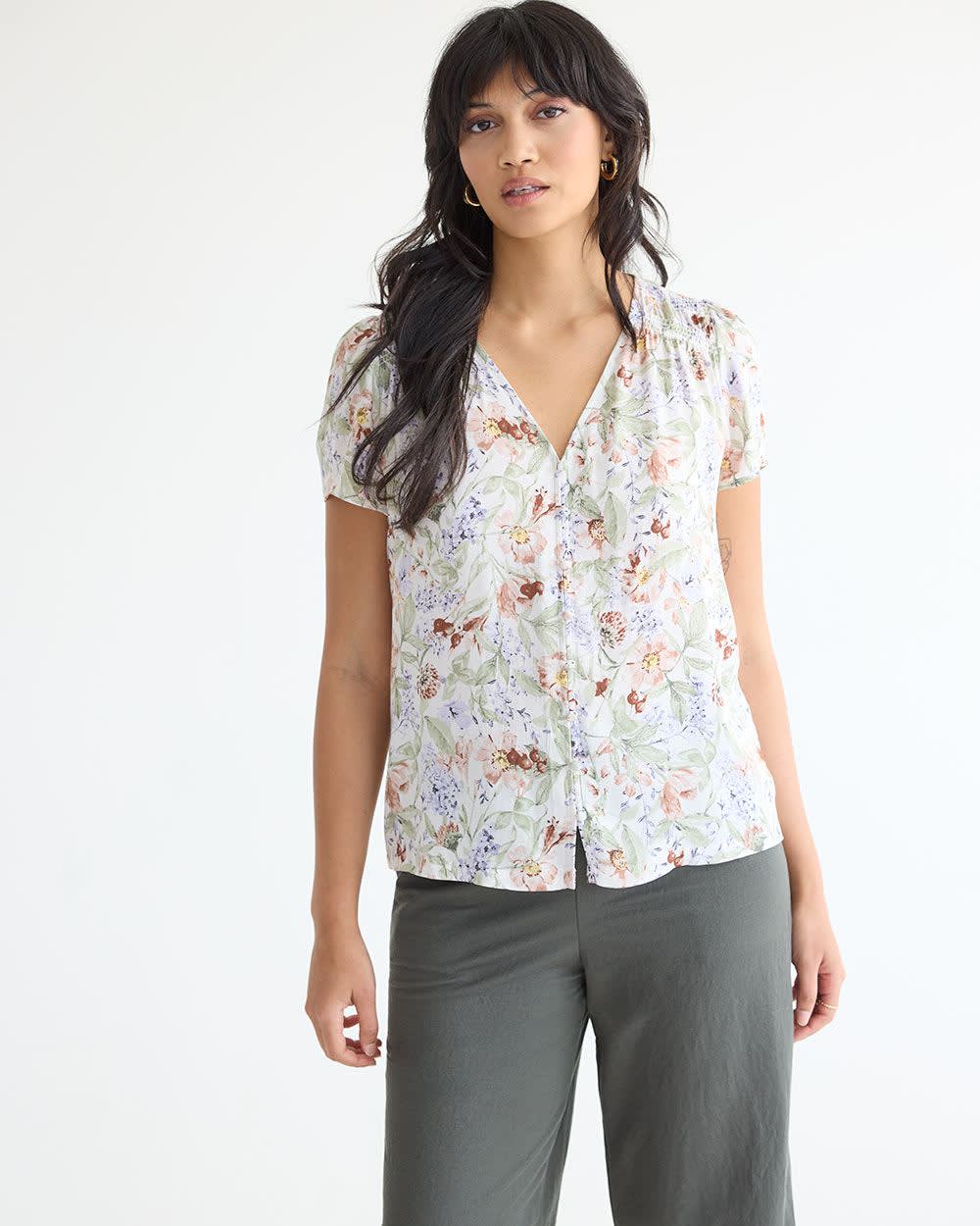 V-Neck Buttoned-Down Blouse with Short Flutter Sleeves