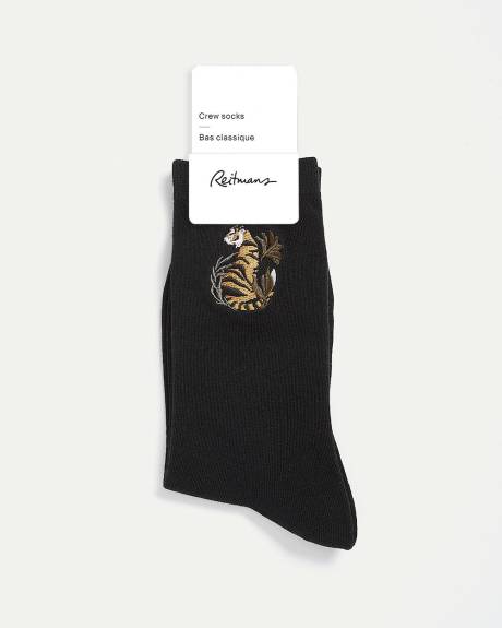 Cotton Crew Socks with Tiger