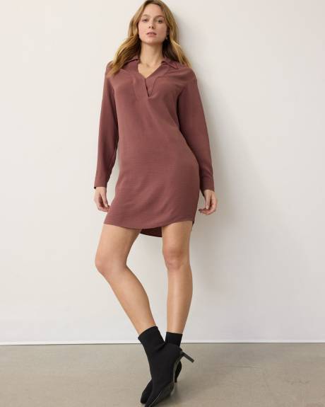 Long-Sleeve Shift Dress with Shirt Collar