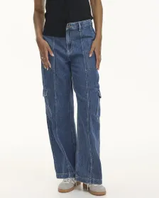 Pantalon cargo en denim à jambe large et taille haute