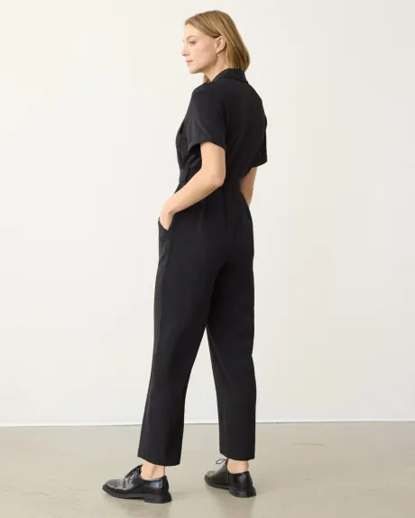 Straight-Leg Short-Sleeve Jumpsuit with Shirt Collar