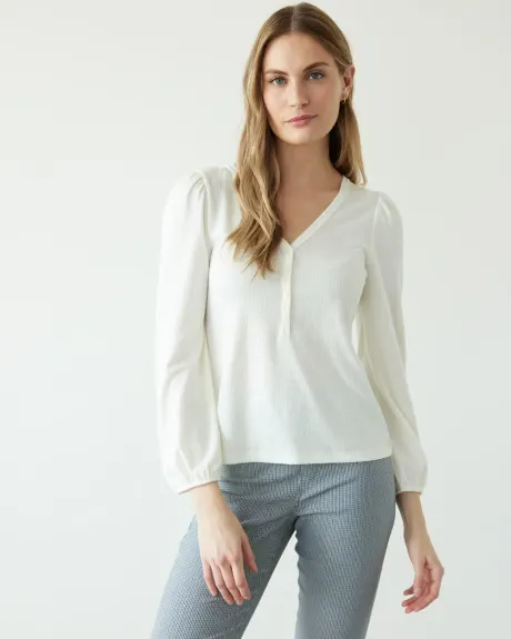 Long-Sleeve V-Neck Top with Buttoned Placket