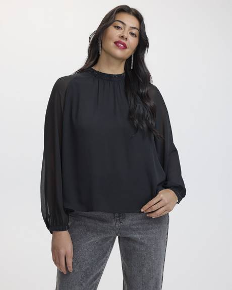 Long-Volume-Sleeve Mock-Neck Blouse