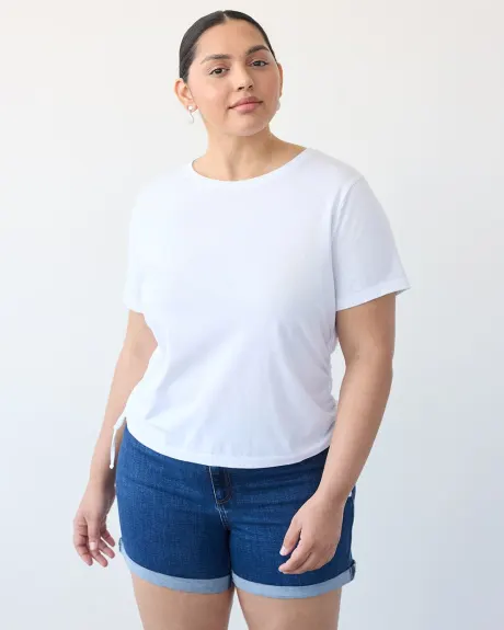 Short-Sleeve Shirred Tee with Drawstrings at Sides