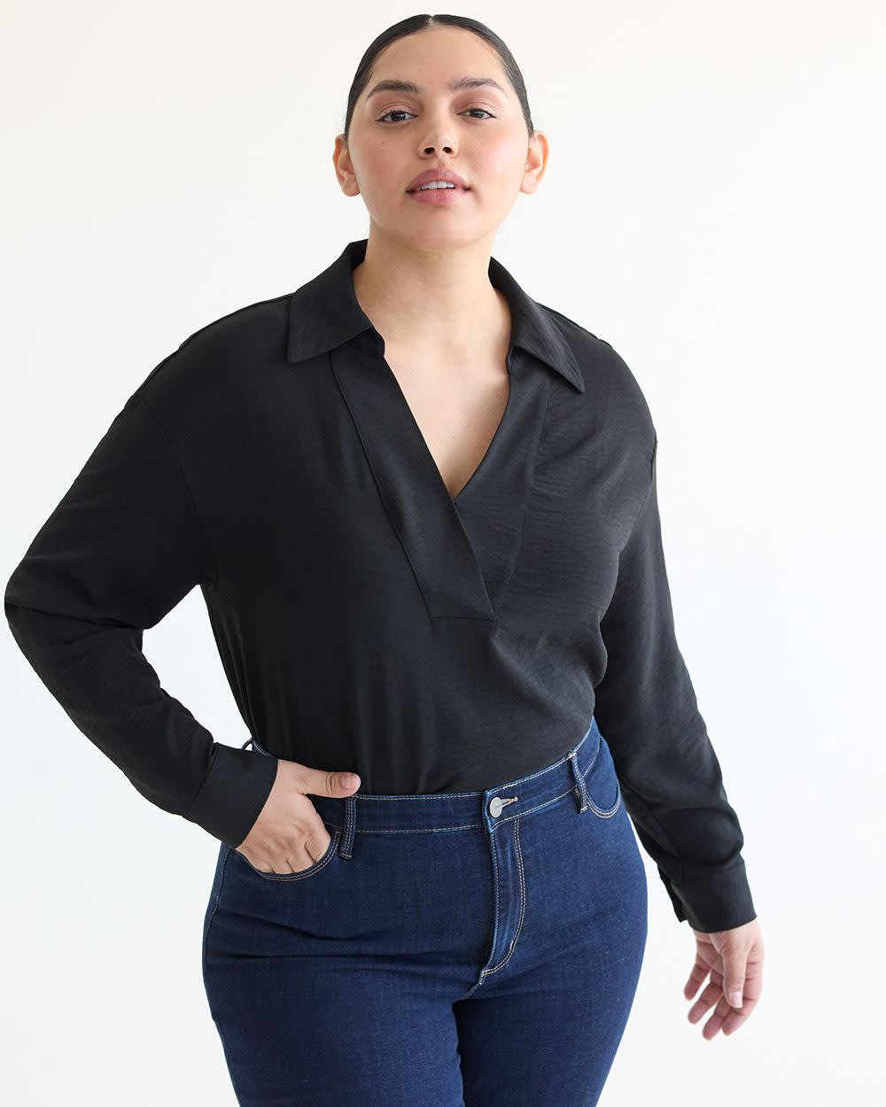 Long-Sleeve V-Neck Blouse with Shirt Collar