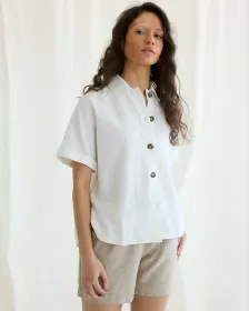 Short-Sleeve Buttoned-Down Linen-Blend Blouse