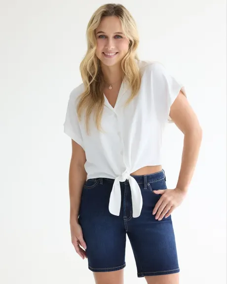 Short-Sleeve Buttoned-Down Blouse with Self-Tie at Waist