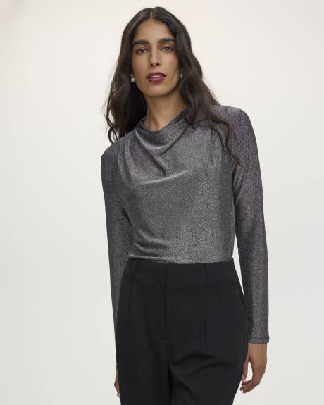 Long-Sleeve Draped-Neck Shimmery Top