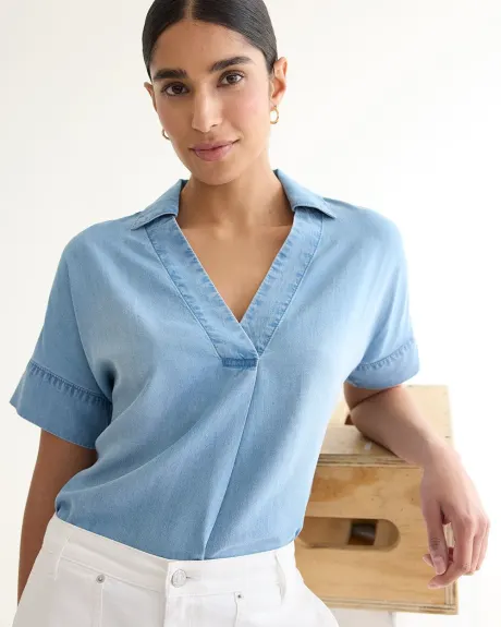 Short-Sleeve Tencel Blouse with Shirt Collar