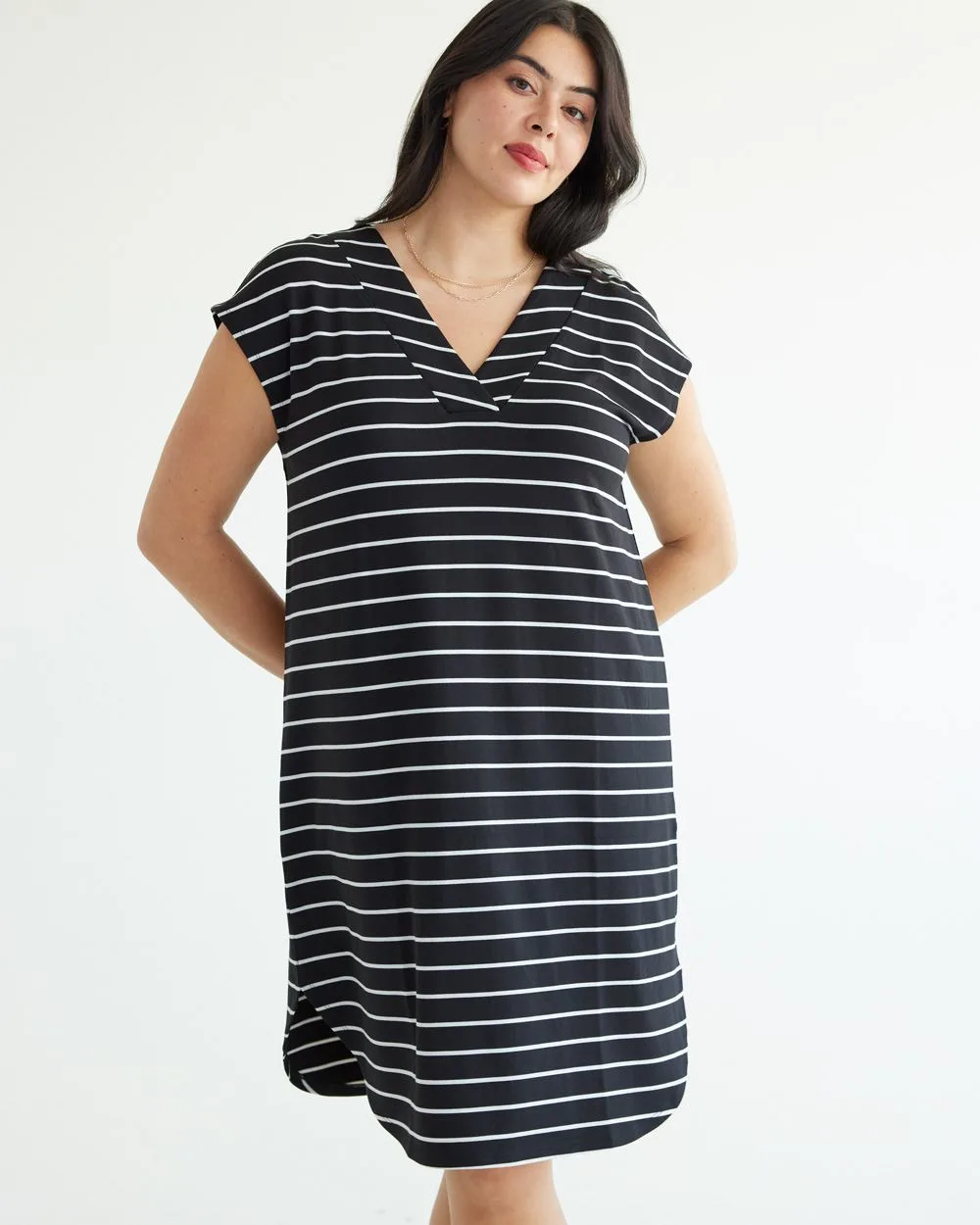 Extended-Sleeve French Terry Shift Midi Dress