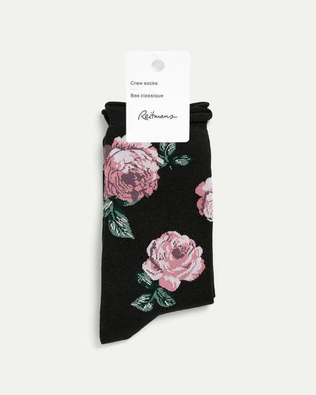 Cotton Crew Socks with Roses