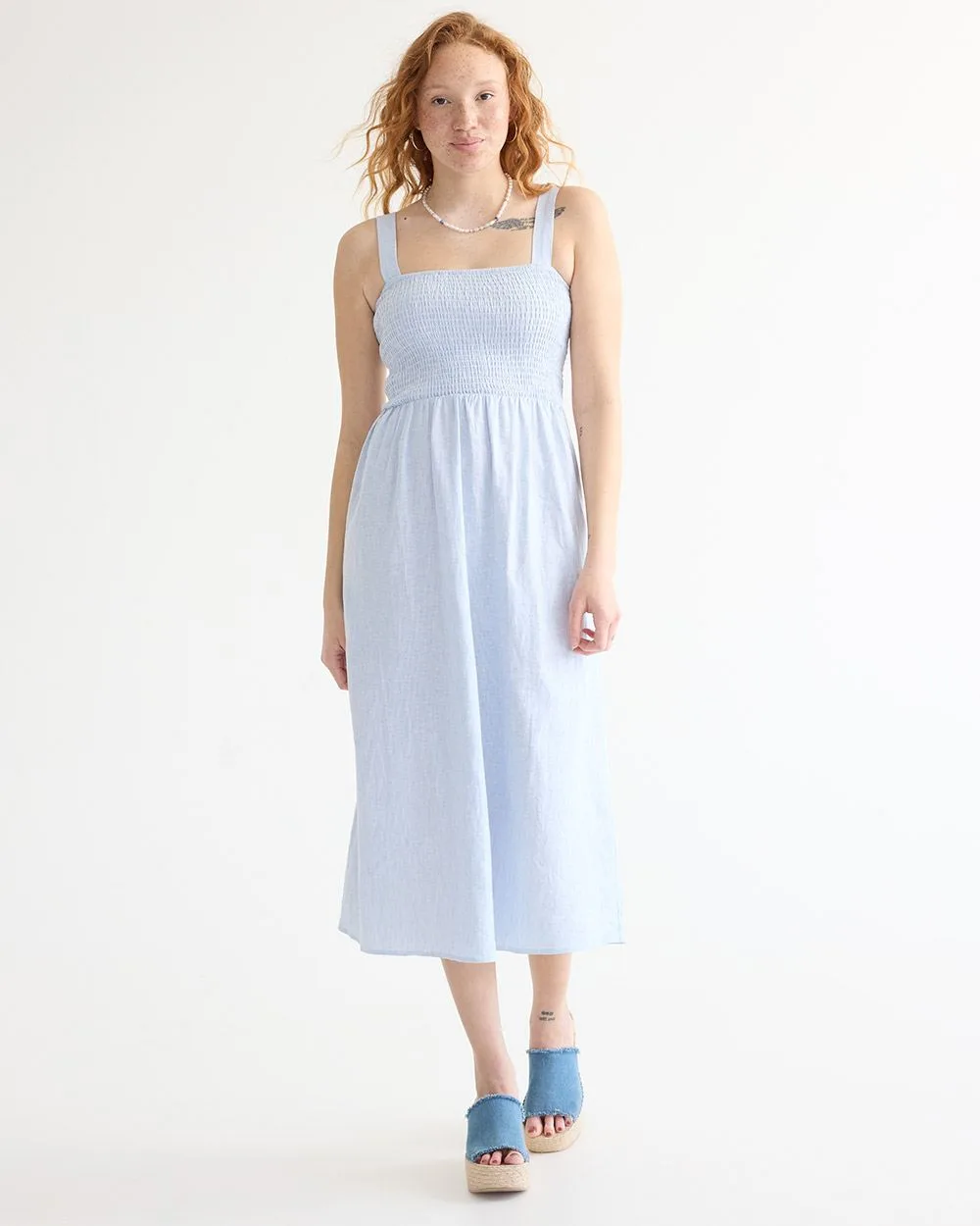 Robe midi sans manches avec haut en nid d'abeille