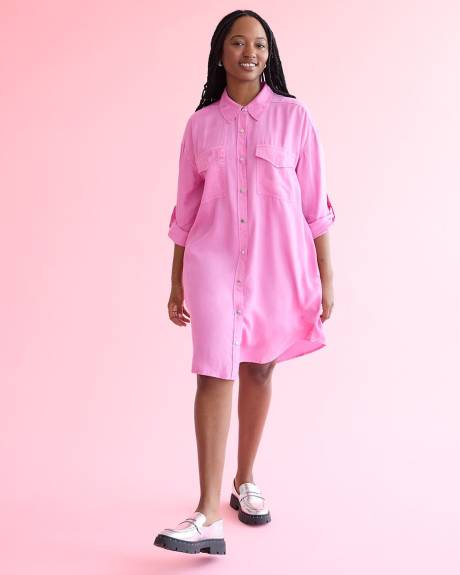 Long-Sleeve Tencel Dress with Shirt Collar