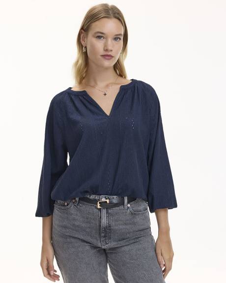 3/4-Sleeve Eyelet Knit Blouse with Split neckline