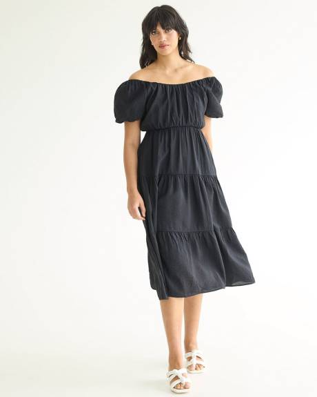 Short-Puffy-Sleeve Tiered Midi Dress