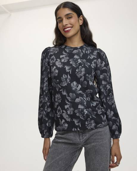 Puffy-Sleeve Crew-Neck Textured Top