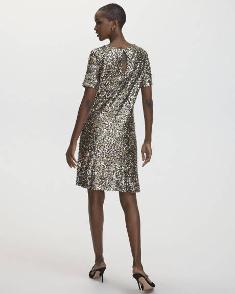 Short-Sleeve Crew-Neck Sequins Shift Dress