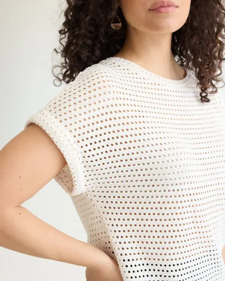 Extended-Sleeve Boat-Neck Mesh Top