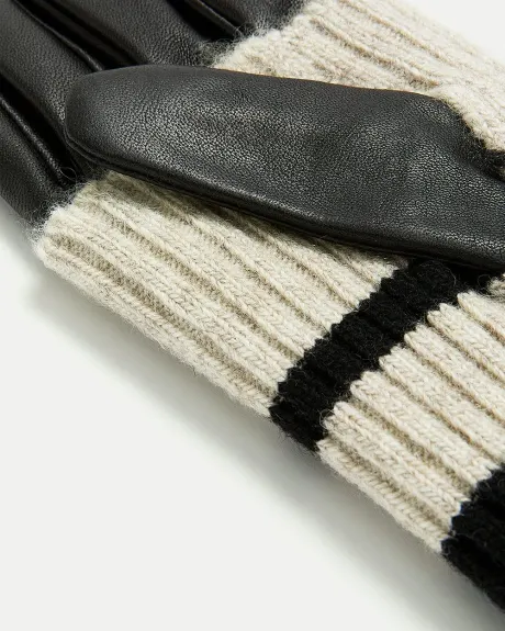 Leather Gloves with Striped Knit Fold-Over