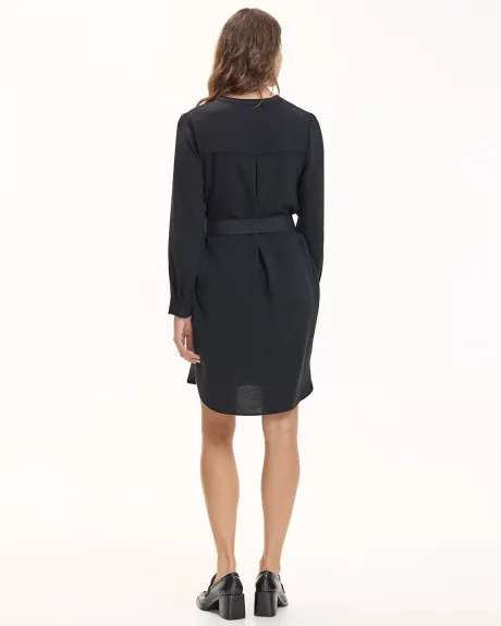 Long-Sleeve Shift Dress with Split Neckline