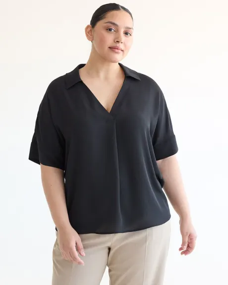 Loose Short-Sleeve Blouse with Johnny Collar