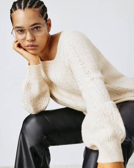 Long-Sleeve Boat-Neck PlushSoft Sweater with Fancy Stitches