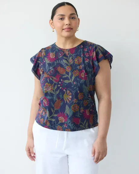 Crew-Neck Tencel Tee with Short Flutter Sleeves