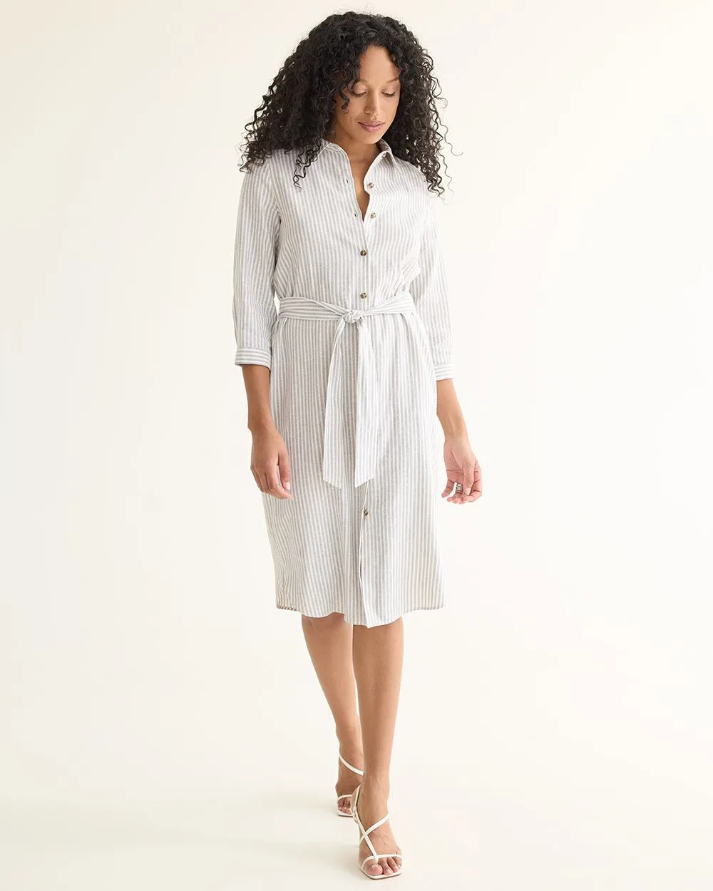 Long-Sleeve Buttoned-Down Midi Dress with Shirt Collar