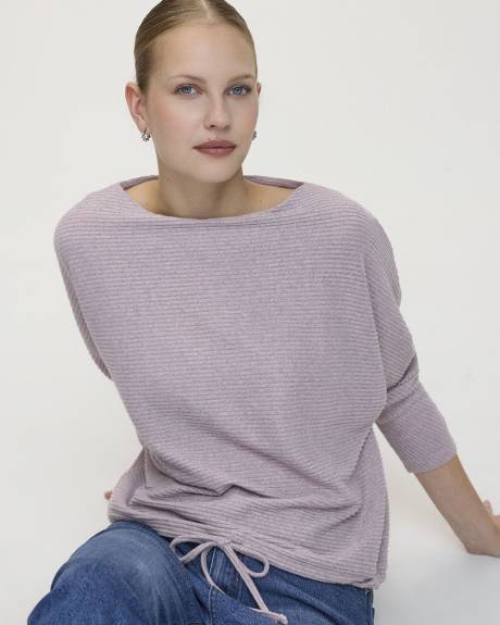 Long-Sleeve Boat-Neck Ribbed Sweater with Drawstring