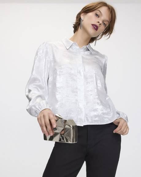 Long-Sleeve Buttoned-Down Lame Blouse