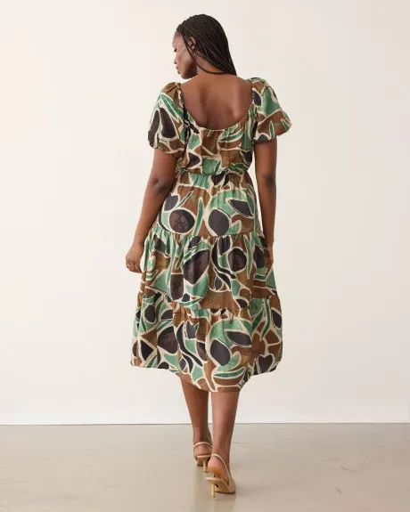 Short-Puffy-Sleeve Tiered Midi Dress