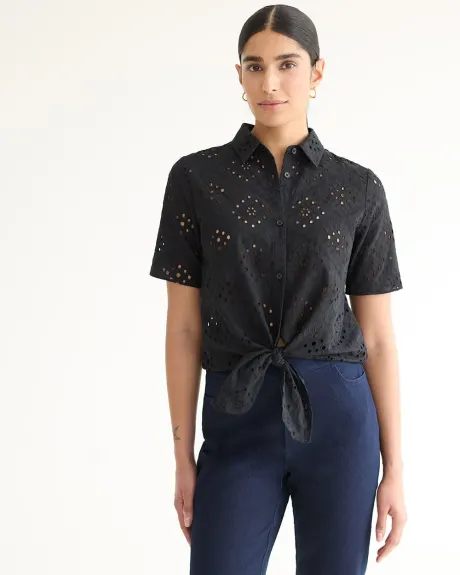 Short-Sleeve Eyelet Blouse with Shirt Collar