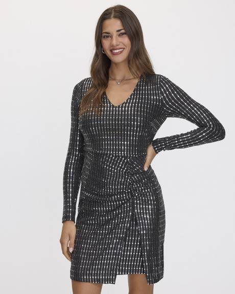 Long-Sleeve V-Neck Metallic Dress with Wrap Detail