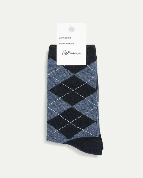 Cotton Crew Socks with Argyle Pattern