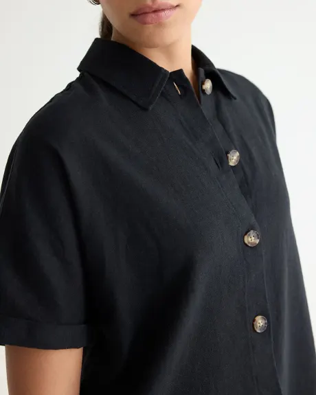 Short-Sleeve Buttoned-Down Linen-Blend Blouse