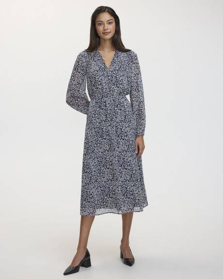 Long-Sleeve V-Neck Midi Dress