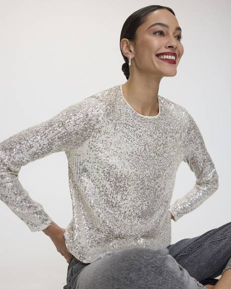 Long-Sleeve Crew-Neck Sequins Top