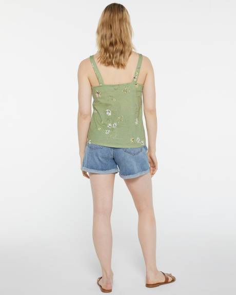 Cotton-Linen Blend Printed Tank with Front Tie