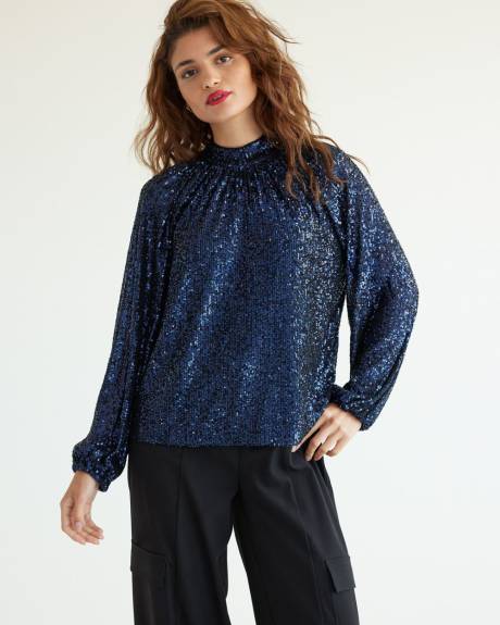 Long-Sleeve Mock-Neck Sequins Top